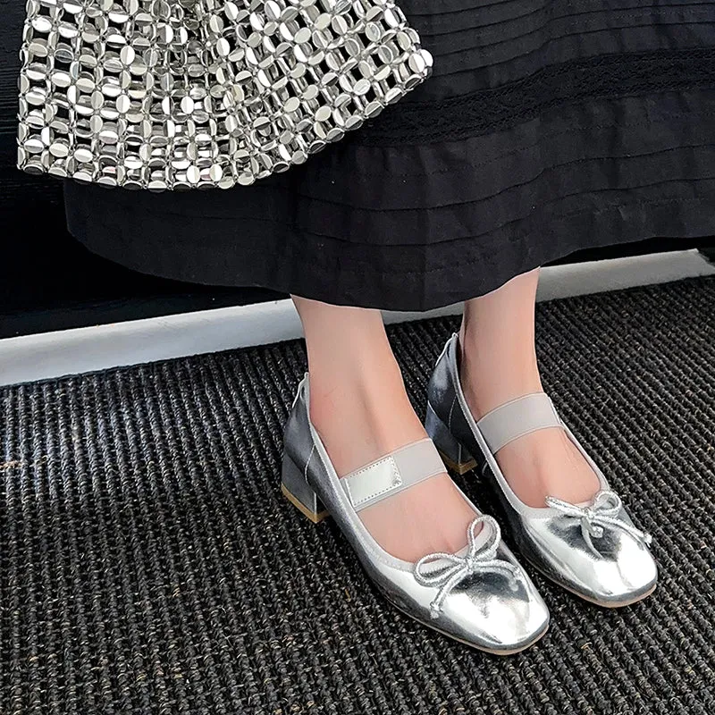 Women's Sheepskin Square Toe Low Heel Block Bowknot Balletheels