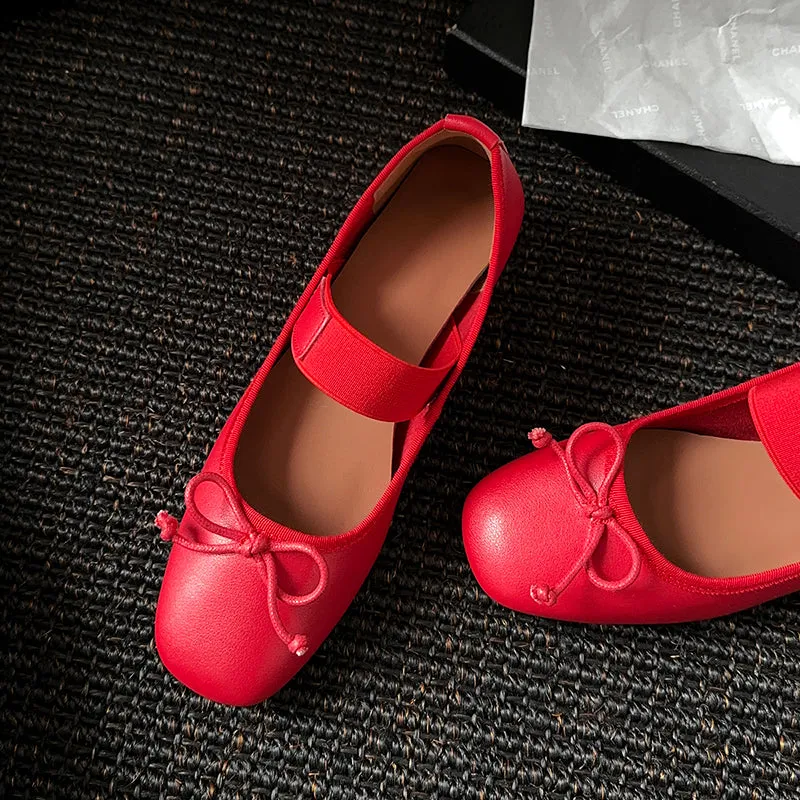 Women's Sheepskin Square Toe Low Heel Block Bowknot Balletheels