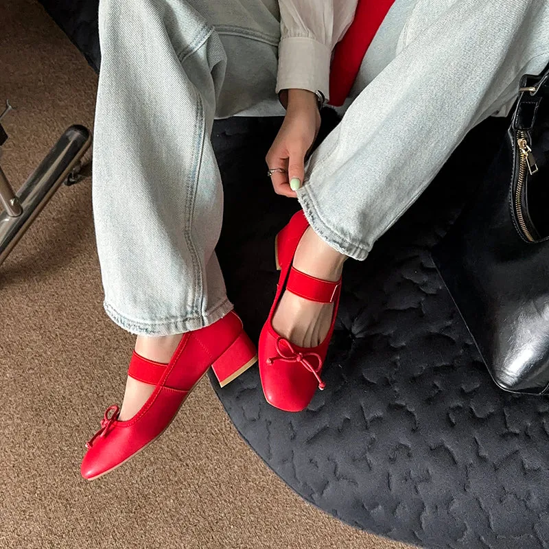 Women's Sheepskin Square Toe Low Heel Block Bowknot Balletheels