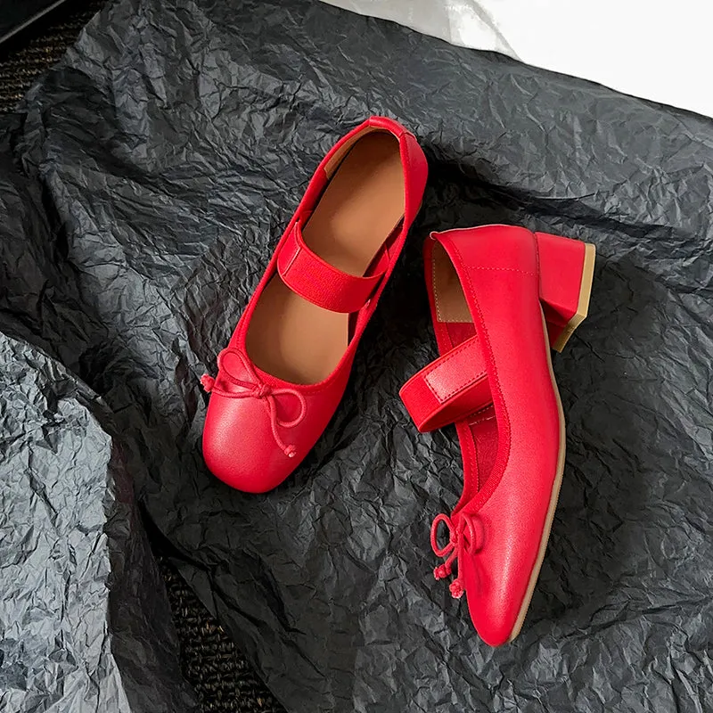 Women's Sheepskin Square Toe Low Heel Block Bowknot Balletheels