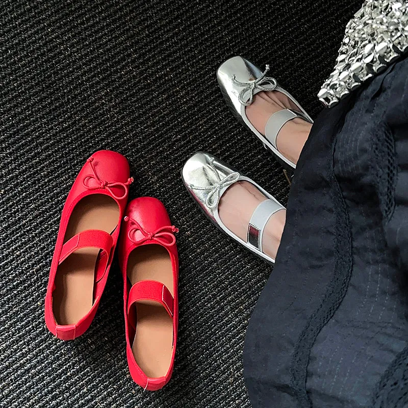 Women's Sheepskin Square Toe Low Heel Block Bowknot Balletheels