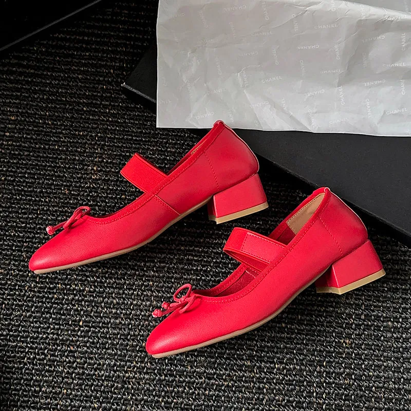 Women's Sheepskin Square Toe Low Heel Block Bowknot Balletheels