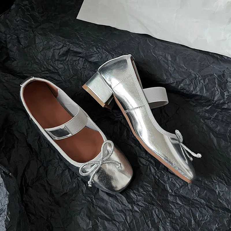 Women's Sheepskin Square Toe Low Heel Block Bowknot Balletheels