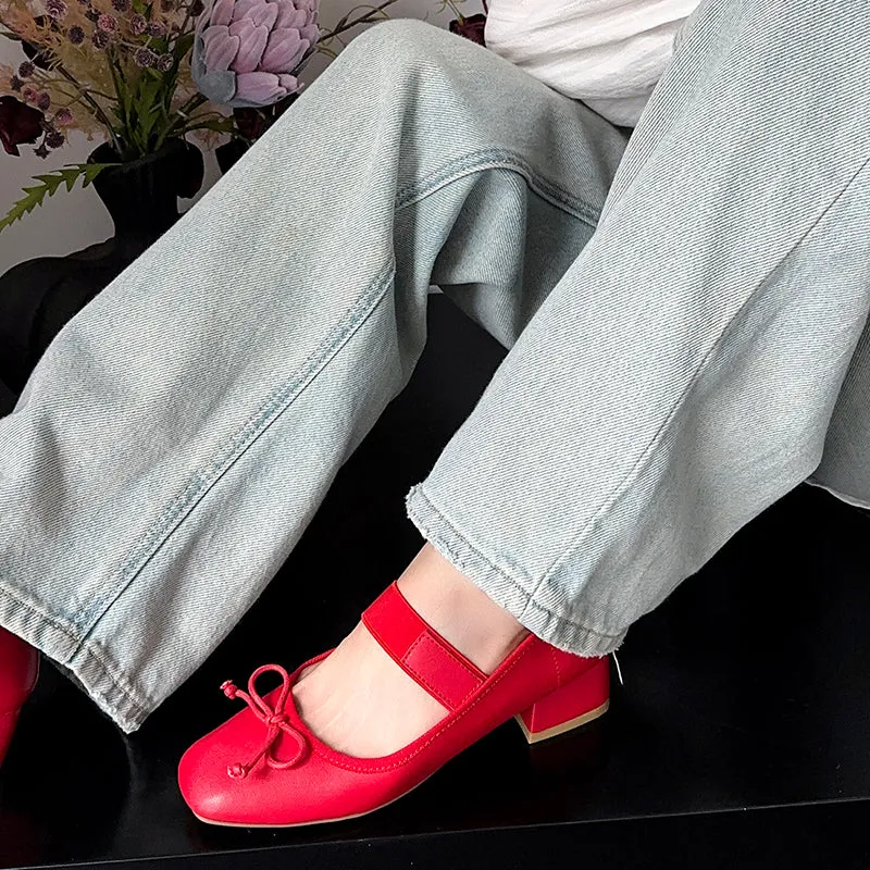 Women's Sheepskin Square Toe Low Heel Block Bowknot Balletheels