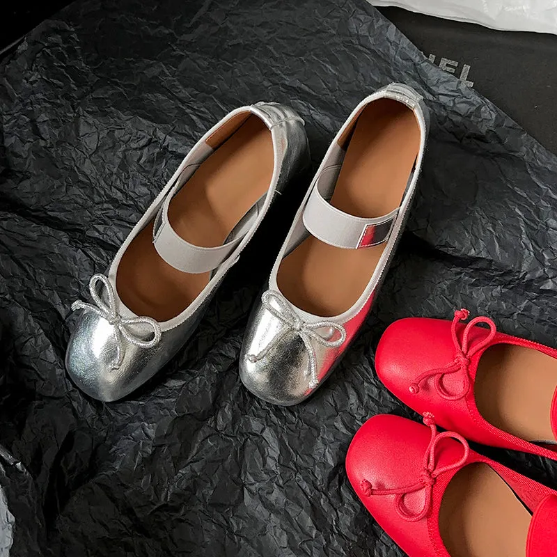 Women's Sheepskin Square Toe Low Heel Block Bowknot Balletheels