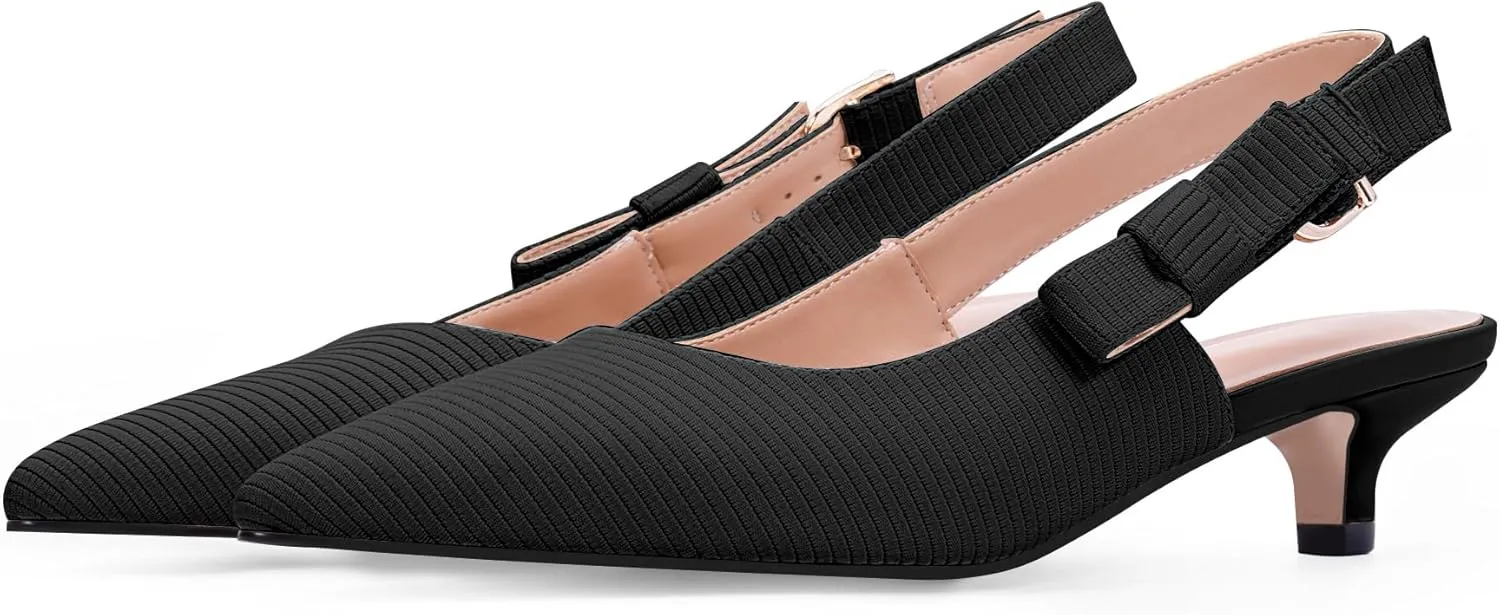 Women's Slingback Kitten Heel Closed Pointed Toe Bowknot Knitted Pumps Dress Work Shoes