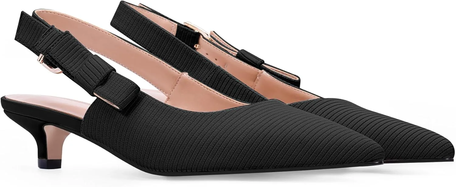 Women's Slingback Kitten Heel Closed Pointed Toe Bowknot Knitted Pumps Dress Work Shoes