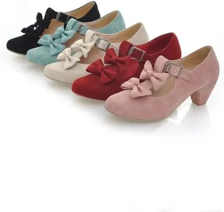 Women's Vintage T Strap Pumps with Bow, Retro Round Closed Toe Mary Jane Heels, 1920s Style Pinup Dress Vintage Shoes