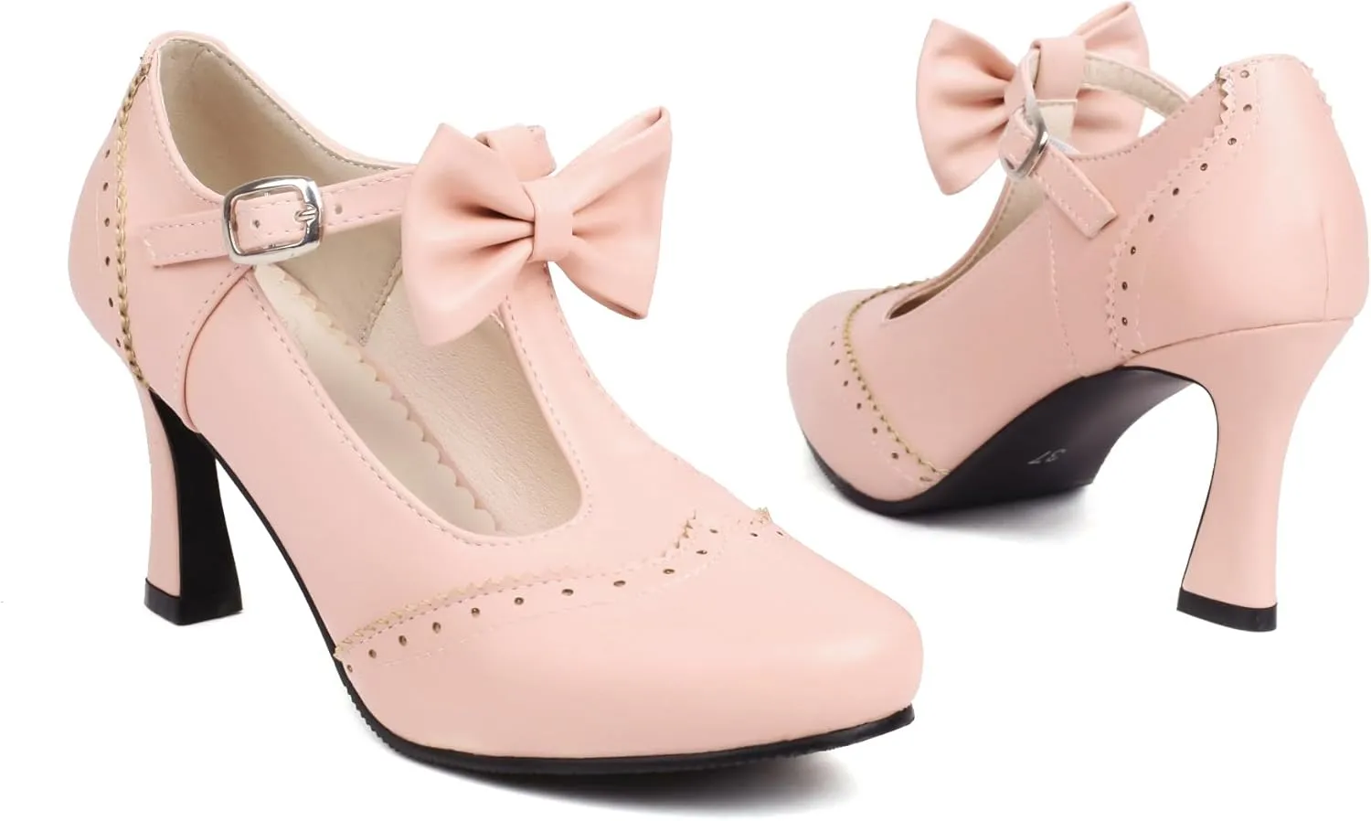 Women's Vintage T Strap Pumps with Bow, Retro Round Closed Toe Mary Jane Heels, 1920s Style Pinup Dress Vintage Shoes