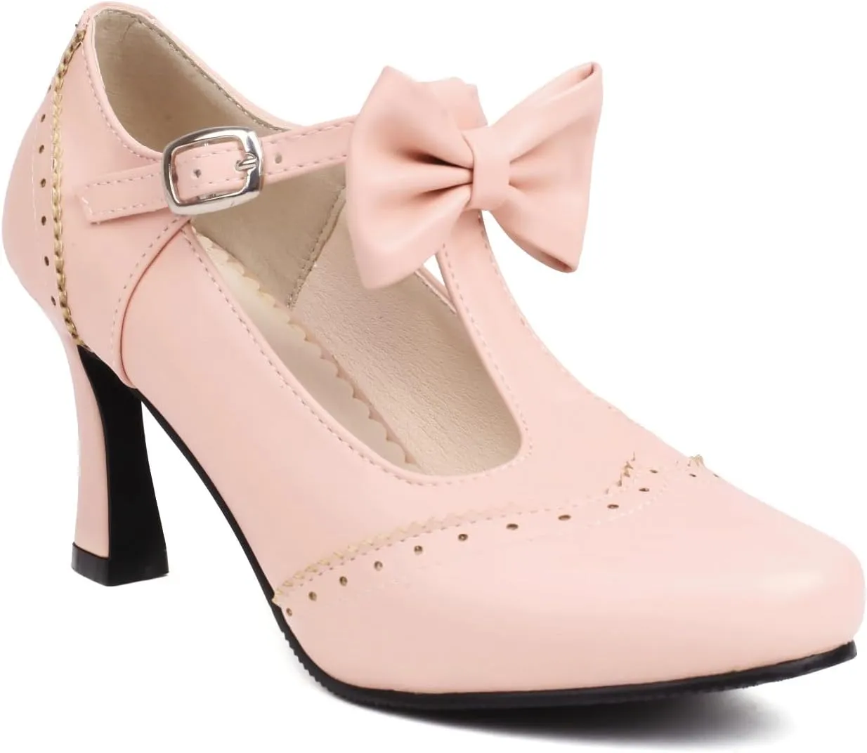 Women's Vintage T Strap Pumps with Bow, Retro Round Closed Toe Mary Jane Heels, 1920s Style Pinup Dress Vintage Shoes