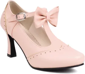 Women's Vintage T Strap Pumps with Bow, Retro Round Closed Toe Mary Jane Heels, 1920s Style Pinup Dress Vintage Shoes