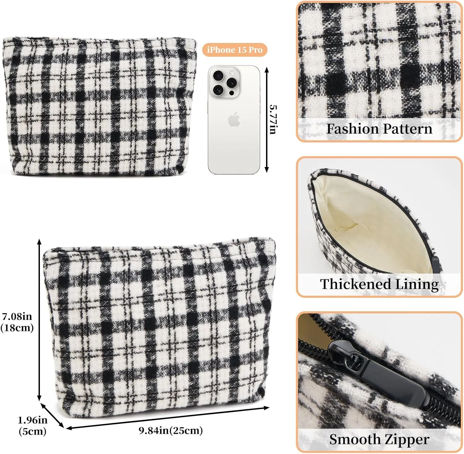 WOZEAH Checkered Makeup Bag for Purse Small Cosmetic Pouch,Stylish Zipper Make up Pouch Travel Canvas Toiletry Bags(Checkered Black)