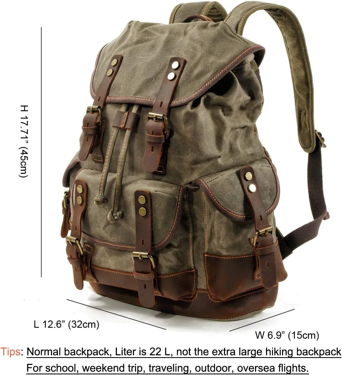 WUDON Men Travel Backpack, Genuine Leather-Waxed Canvas Shoulder Hiking Rucksack