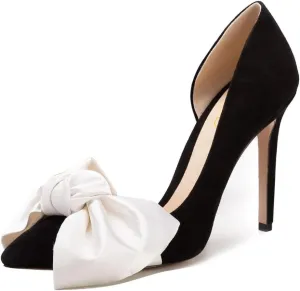 XYD Women Pointed Closed Toe Pumps Oversized Satin Bowknot Stiletto D'Orsay Heels Dress Bridal Shoes