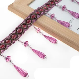 Yalulu 4 Yards Braid Hanging Beads Pendant Tassel Trim Hanging Ball Fringe Fabric Ribbon Trimming DIY Craft Sewing Accessory for Home Curtain Decoration (Red-Purple)