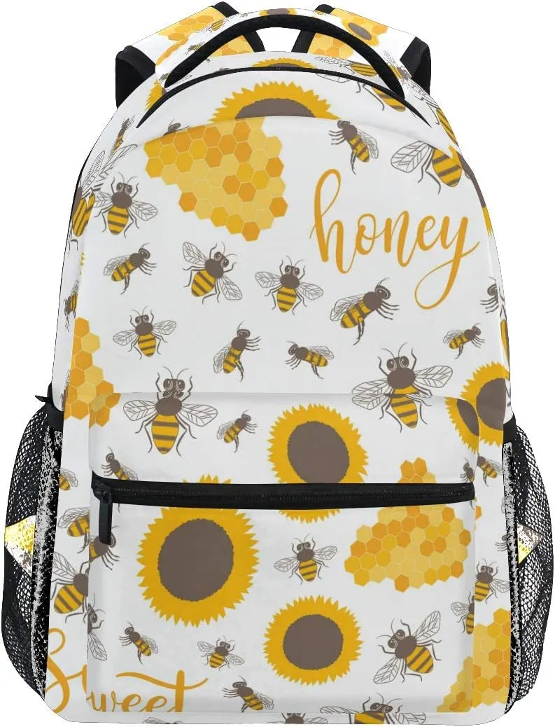 Yellow Sunflowers Bees Honey Sweet Backpacks Travel Laptop Daypack School Bags for Teens Men Women