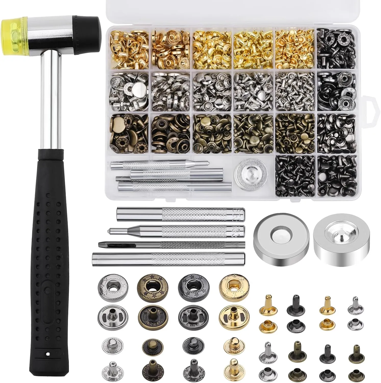 Yizzvb 320 Pcs Leather Rivets Kit, 60 Pcs Leather Snap Fasteners, 2 Size Leather Rivets Double Cap Rivet Kit, Double-Sided Nylon Hammer, 5 Pcs Installation Tools for Leather DIY Projects