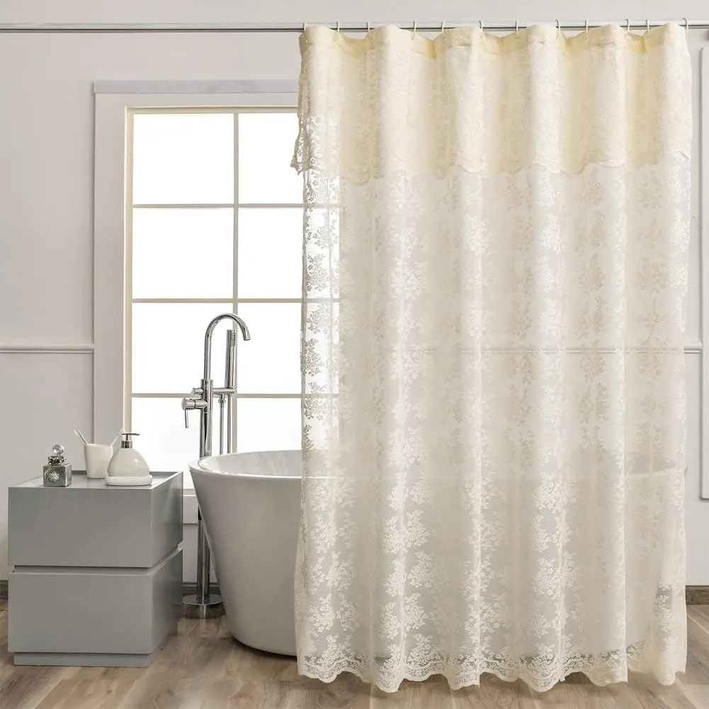 YJ YANJUN Ivory Lace Shower Curtain - Shabby Chic Flower Shower Curtain with Attached Valance, Luxury Lace Shower Curtain for Bathroom, Farmhouse Shower Curtains, 72 x 72 Inch, Light Beige