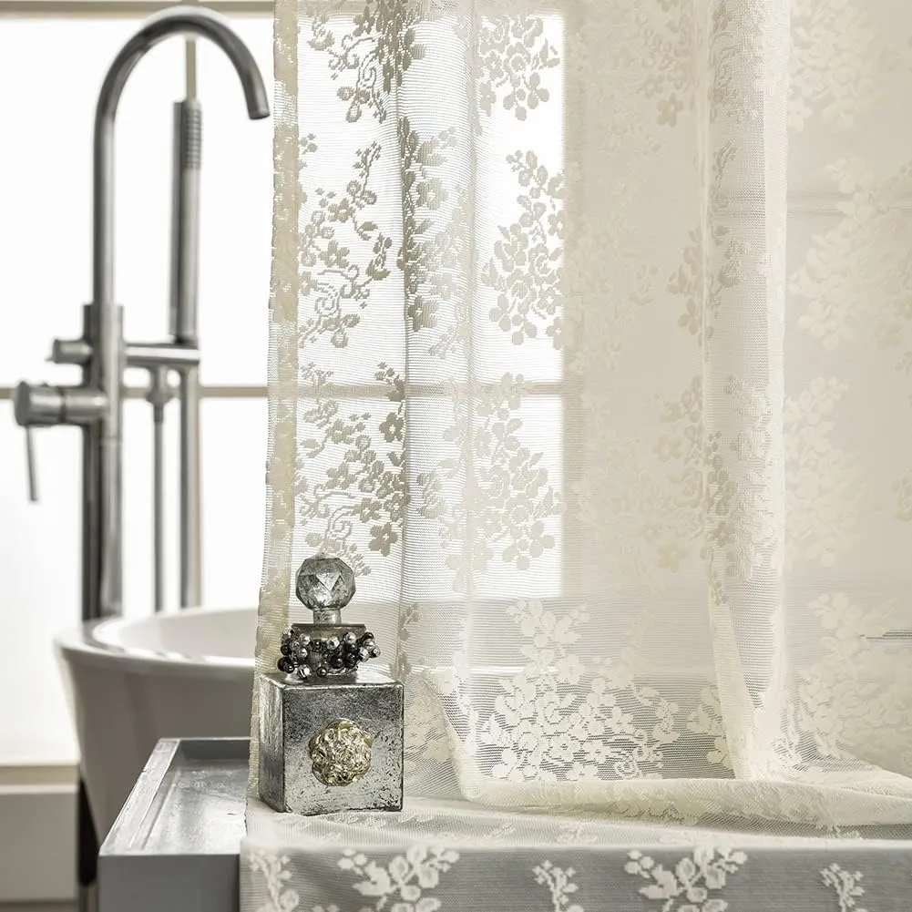 YJ YANJUN Ivory Lace Shower Curtain - Shabby Chic Flower Shower Curtain with Attached Valance, Luxury Lace Shower Curtain for Bathroom, Farmhouse Shower Curtains, 72 x 72 Inch, Light Beige