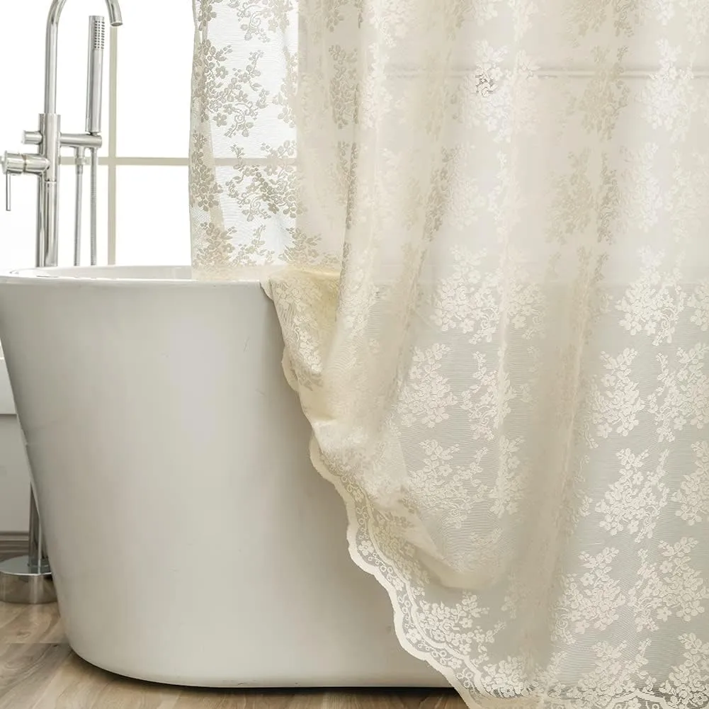 YJ YANJUN Ivory Lace Shower Curtain - Shabby Chic Flower Shower Curtain with Attached Valance, Luxury Lace Shower Curtain for Bathroom, Farmhouse Shower Curtains, 72 x 72 Inch, Light Beige