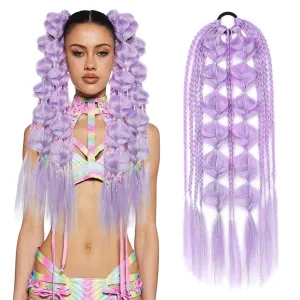 YOGFIT Colored Hair Extensions Long Braided Bubble Ponytail Extension with Hair Tie, 21'' Crazy Hair Day Accessories for Women Festival Rave Braids, Lilac Hair Extensions with Tinsel