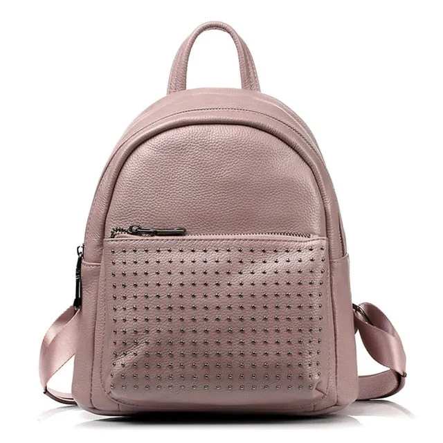 Zency 100% Genuine Leather Holiday Women Backpack With Rivet Preppy Style Schoolbag For Girls Fashion Travel Knapsack Taro Pink