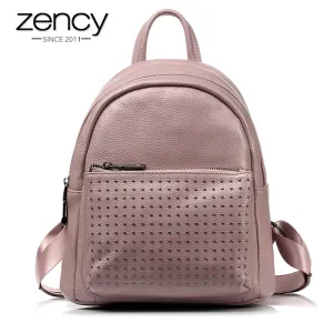Zency 100% Genuine Leather Holiday Women Backpack With Rivet Preppy Style Schoolbag For Girls Fashion Travel Knapsack Taro Pink