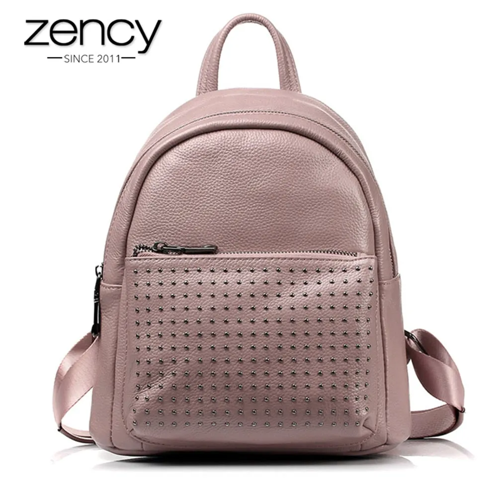 Zency 100% Genuine Leather Holiday Women Backpack With Rivet Preppy Style Schoolbag For Girls Fashion Travel Knapsack Taro Pink