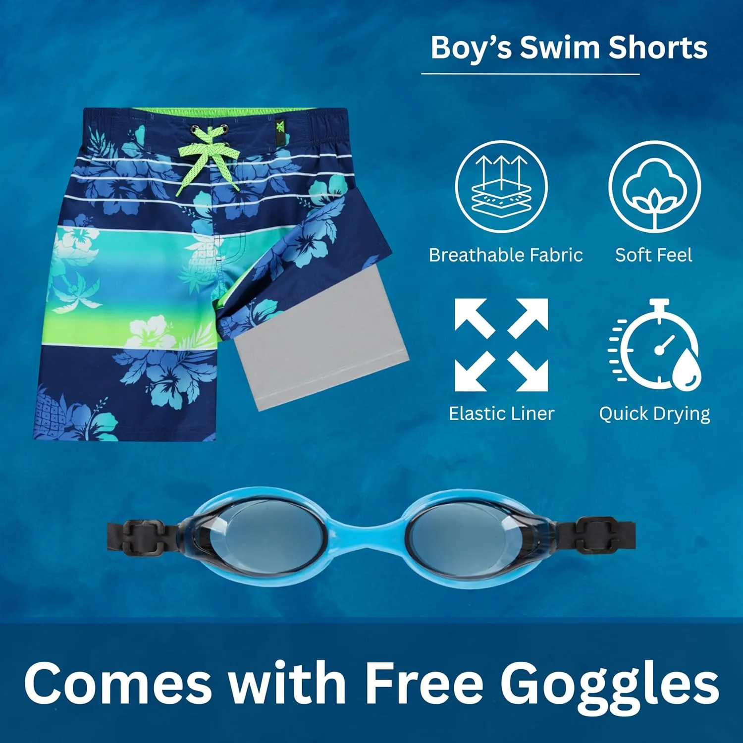 ZeroXposur Boys Swim Trunks with Compression Liner and Goggles, Quick Dry Swim Shorts