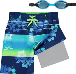 ZeroXposur Boys Swim Trunks with Compression Liner and Goggles, Quick Dry Swim Shorts