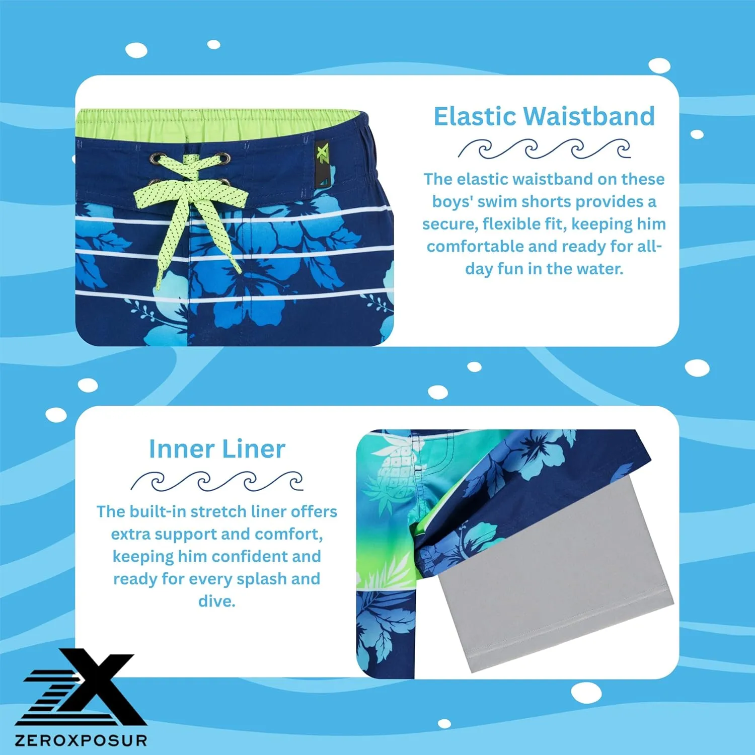ZeroXposur Boys Swim Trunks with Compression Liner and Goggles, Quick Dry Swim Shorts