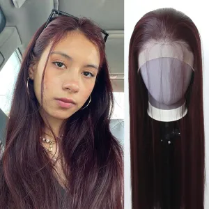 zigzag hair 99J Wig Long Straight 99J Burgundy Synthetic Lace Front Wigs Pre Plucked with Natural Hariline for Fashion Women Heat Resistant Hair Glueless Synthetic Lace Wig (99J)