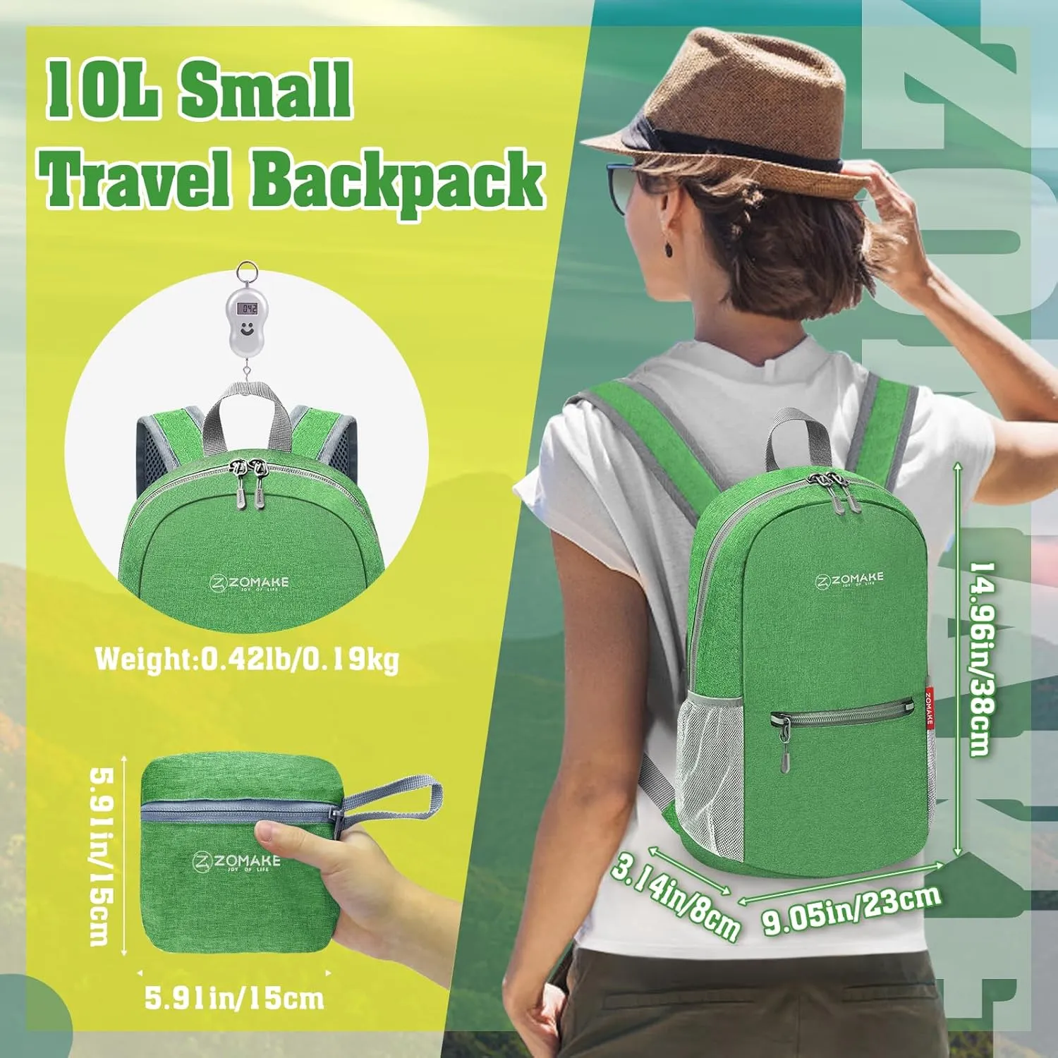 ZOMAKE 10L Lightweight Packable Hiking Backpack - Small Travel Hiking Daypack for Women Men - Tear Resistant Foldable Day Pack for Camping Outdoor Sports(Dark Green)