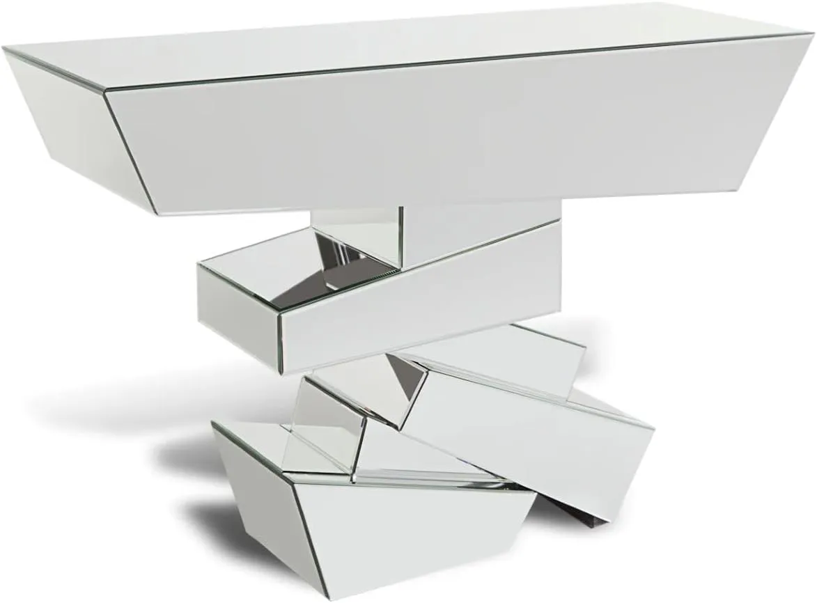 ZURI Furniture Modern Naxos Console Table Mirrored Glass Finish Sharp Geometric Design