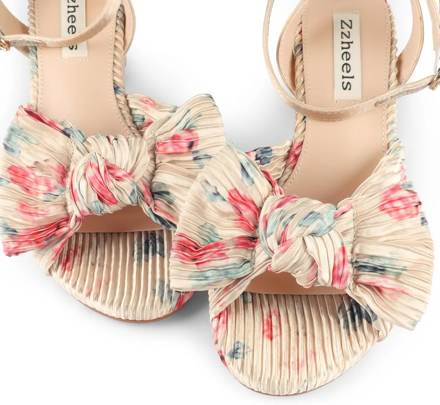 Zzheels Women's Bow Knot Heeled Sandals Open Toe High Block Ankle Strap Chunky Heels Bride Wedding Shoes